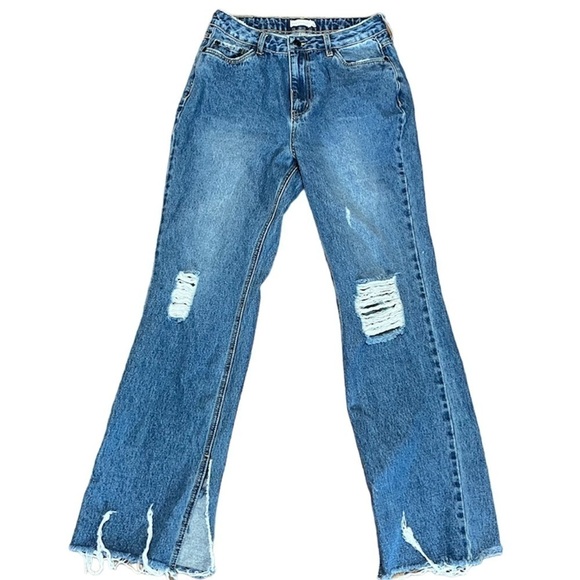Avec Les Filles High Waisted Mom Jeans Distressed Raw Split Hem Size 29 G2 - Picture 1 of 9